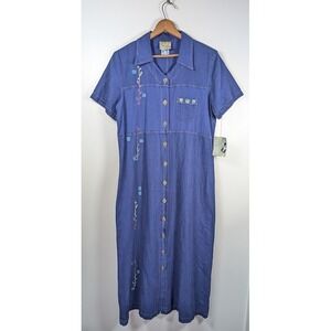 Vtg 90s Y2K Blue Cactus Maxi Dress Large Hand Painted Southwestern Denim Artsy